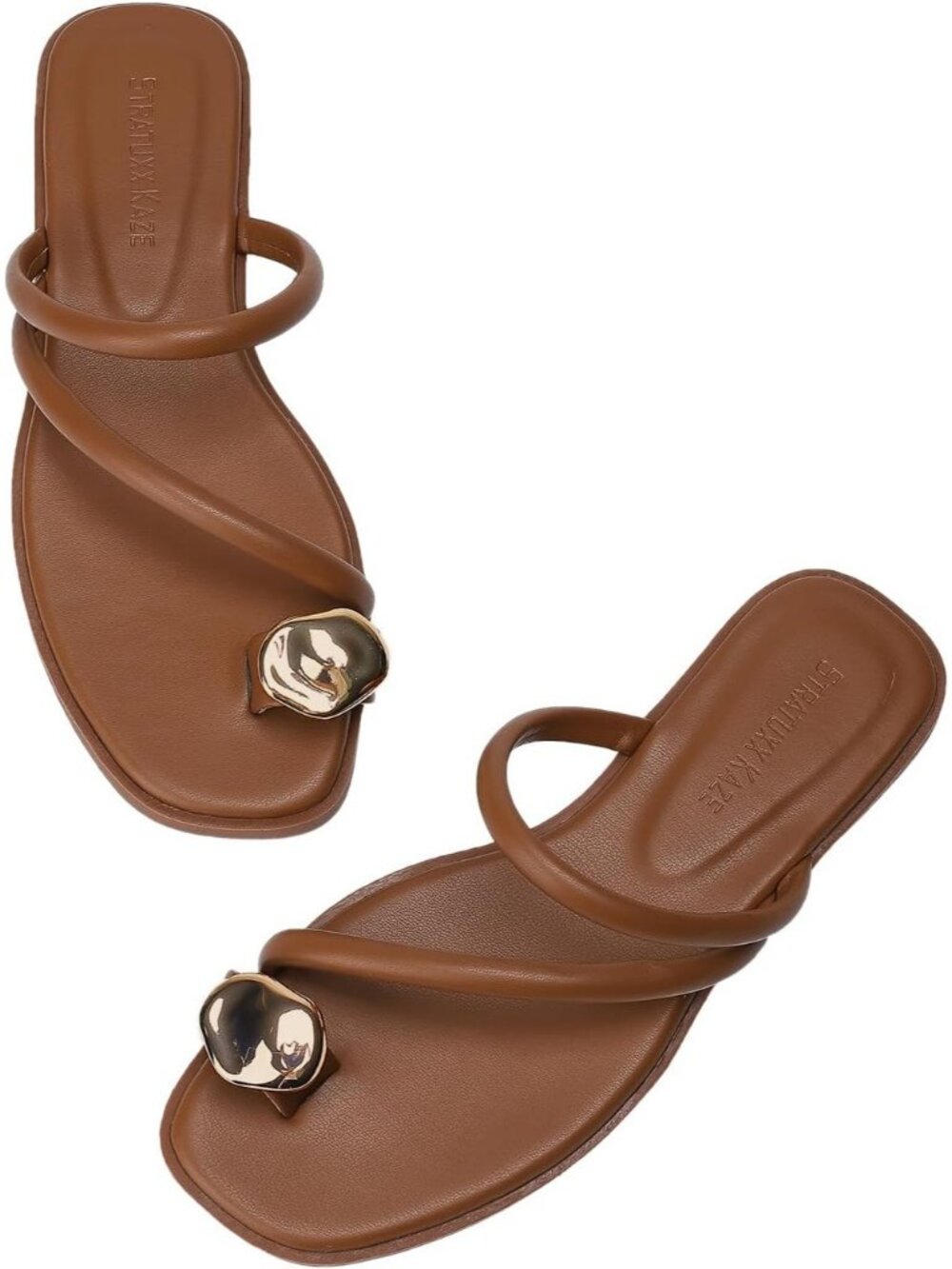 Women's Brown Toe Ring Thong Sandals with Cushioned Insole Flats for Beach Wear